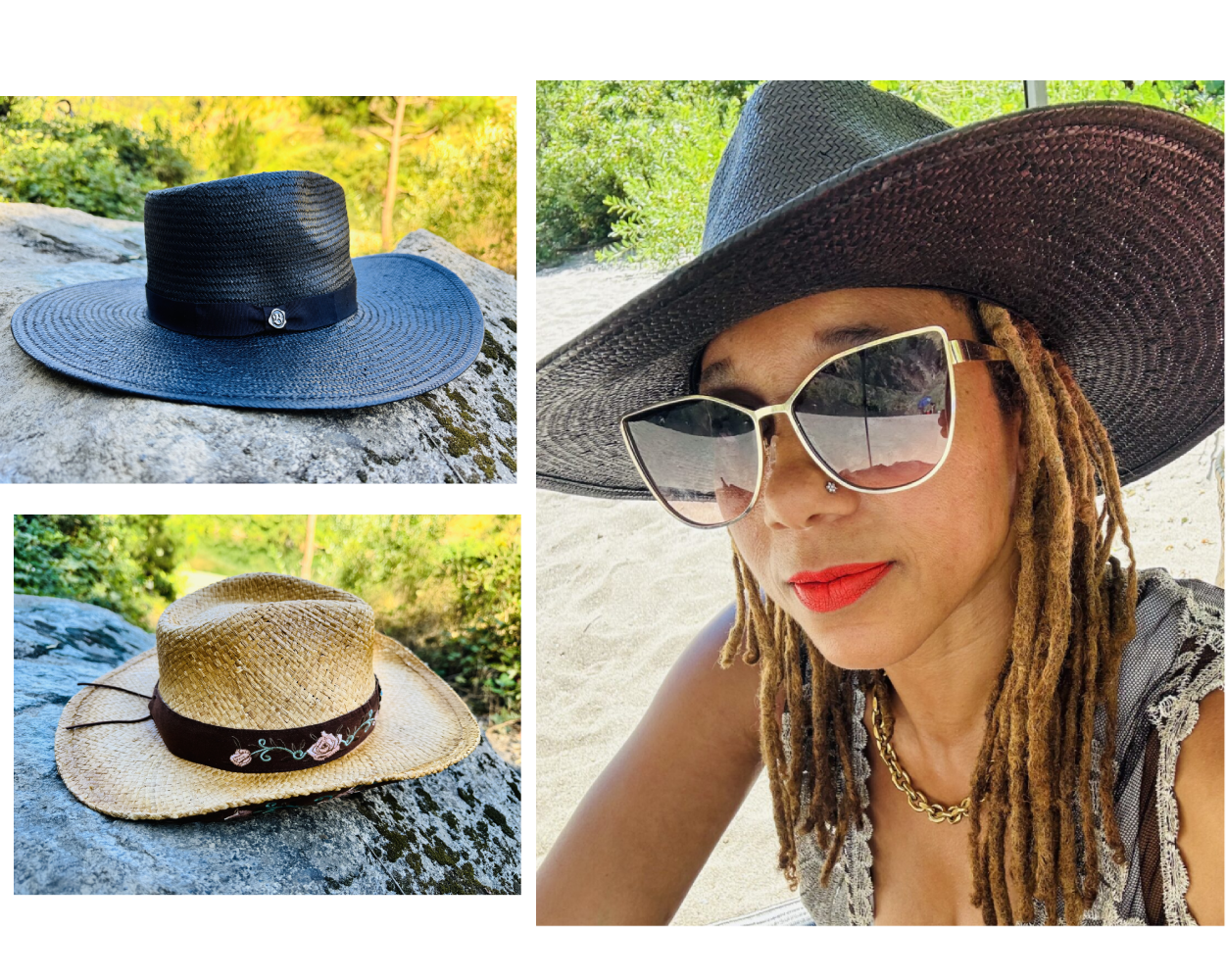Woman with sunglasses and two wide-brim hats