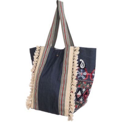 Boho embroidered navy tote bag with tassels