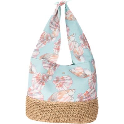 Light blue seashell print beach tote with straw