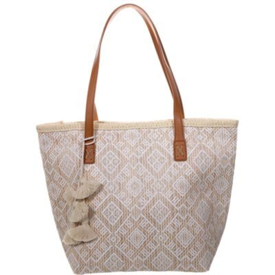 Beige woven tote bag with leather straps