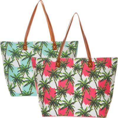 Two palm-print tote bags with leather straps