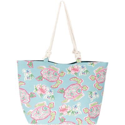 Light blue tote bag with pink turtles