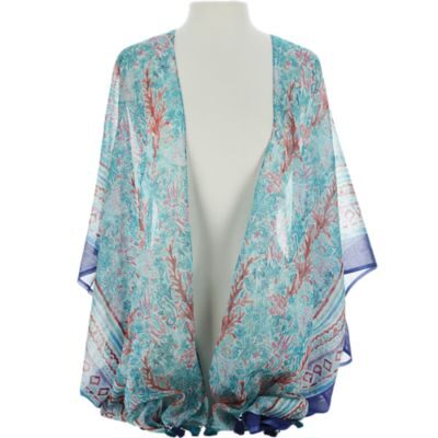 Sheer turquoise kimono cardigan with coral print