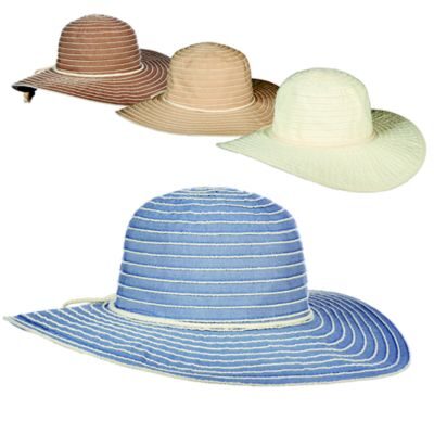 Assorted wide-brim sun hats, blue foreground