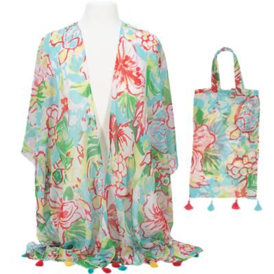 Floral beach kimono cover-up with matching tote