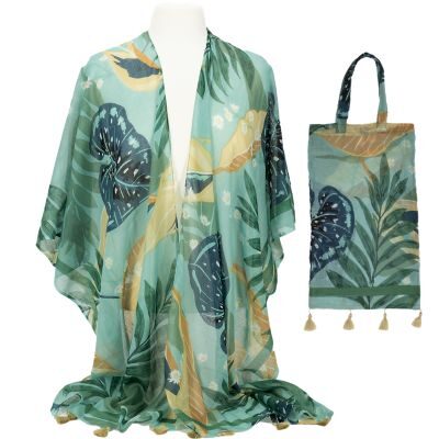 Green tropical leaf kimono with matching tote
