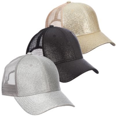 Sparkly mesh trucker caps in gold, black, silver