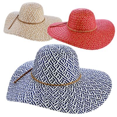 Beige, red, navy patterned woven sun hats