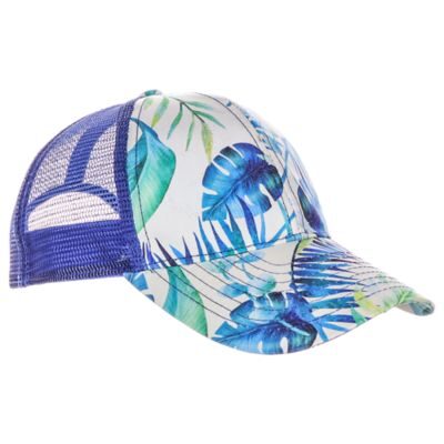 Blue tropical leaf print trucker hat