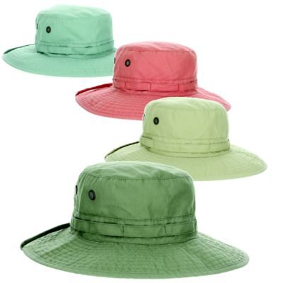 Four pastel-colored wide-brim sun hats