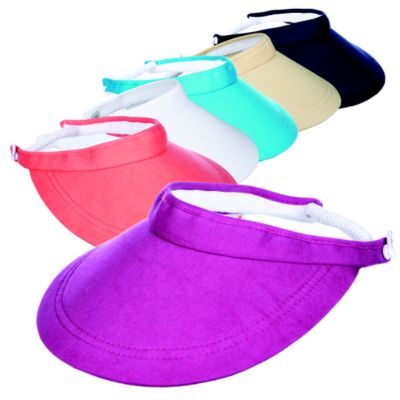 Row of assorted colorful sun visors