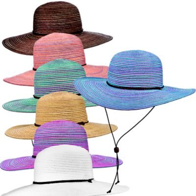 Assorted colorful wide-brimmed straw sun hats