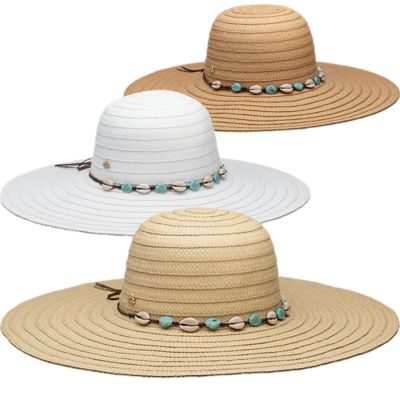 Three straw wide-brim sun hats with beads