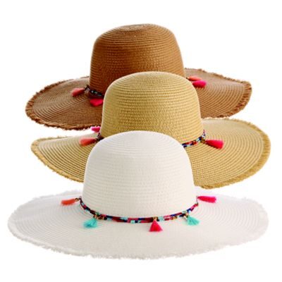 Three tasseled wide-brim straw sun hats
