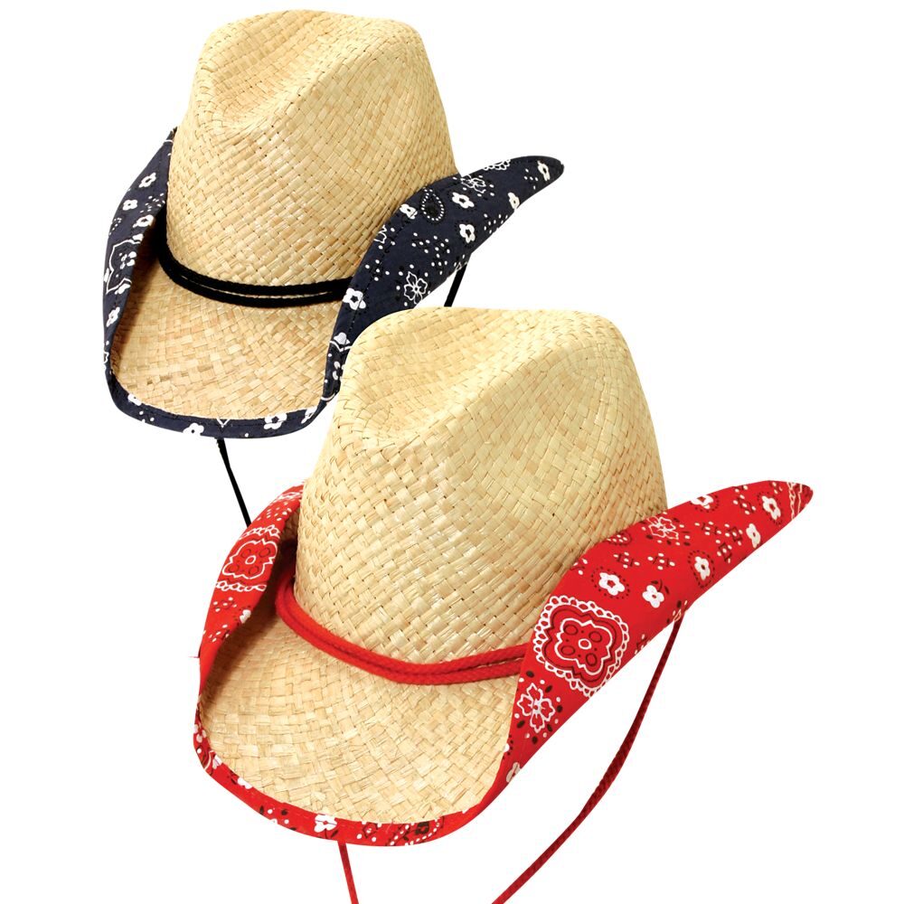 Western-style hats with decorative bandanas