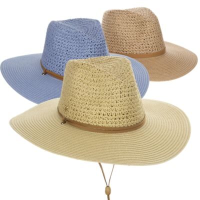 Three colorful wide-brim straw hats