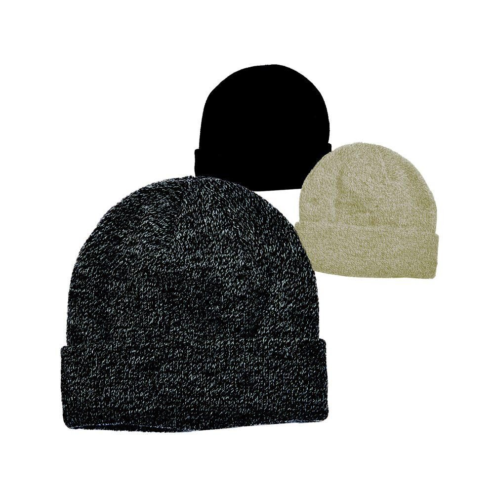Three knit winter beanies in assorted colors
