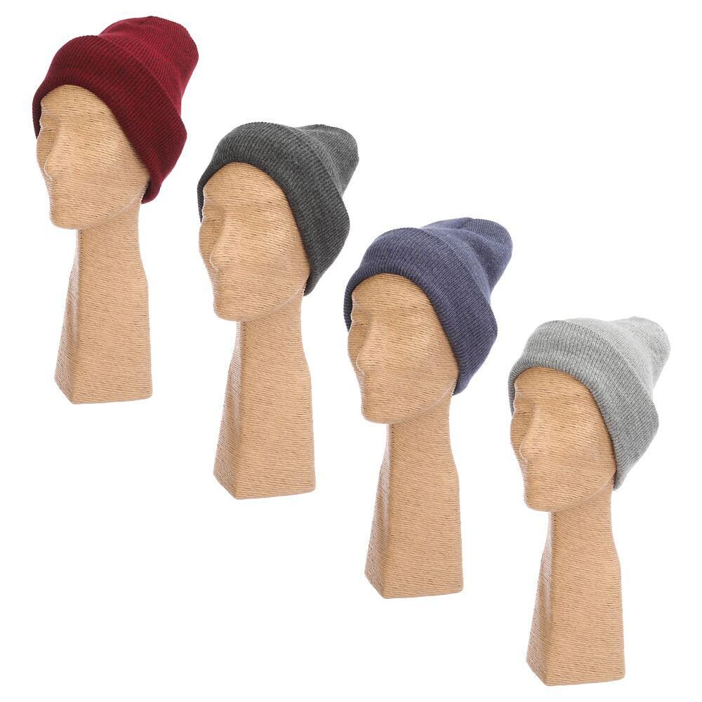 Four mannequin heads wearing colored knit beanies